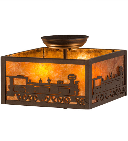 Meyda Lighting Train 15" 2-Light Cafe Noir Flush Mount Light With Amber Mica Shade Glass