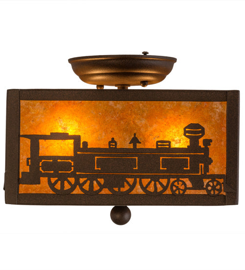 Meyda Lighting Train 15" 2-Light Cafe Noir Flush Mount Light With Amber Mica Shade Glass