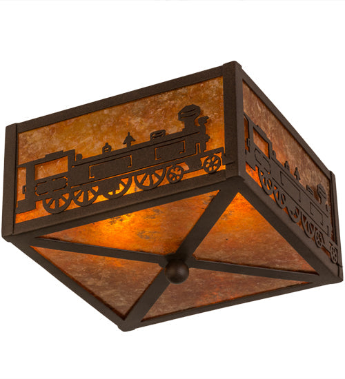 Meyda Lighting Train 15" 2-Light Cafe Noir Flush Mount Light With Amber Mica Shade Glass
