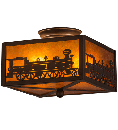 Meyda Lighting Train 15" 2-Light Cafe Noir Flush Mount Light With Amber Mica Shade Glass