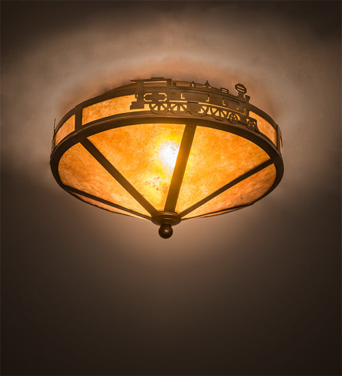 Meyda Lighting Train 16" 2-Light Antique Copper Flush Mount Light With Amber Mica Shade Glass