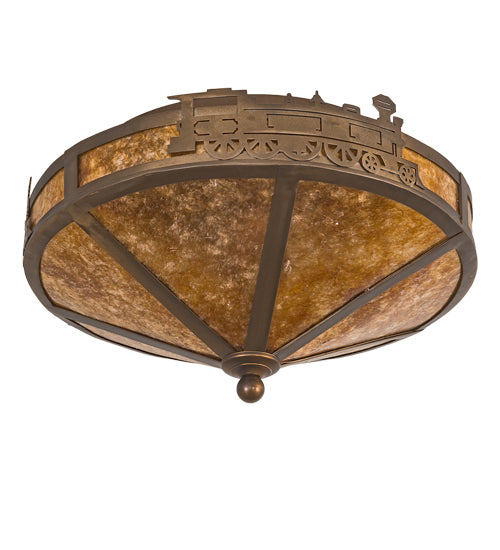 Meyda Lighting Train 16" 2-Light Antique Copper Flush Mount Light With Amber Mica Shade Glass