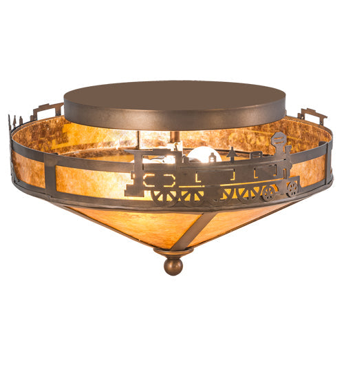 Meyda Lighting Train 16" 2-Light Antique Copper Flush Mount Light With Amber Mica Shade Glass
