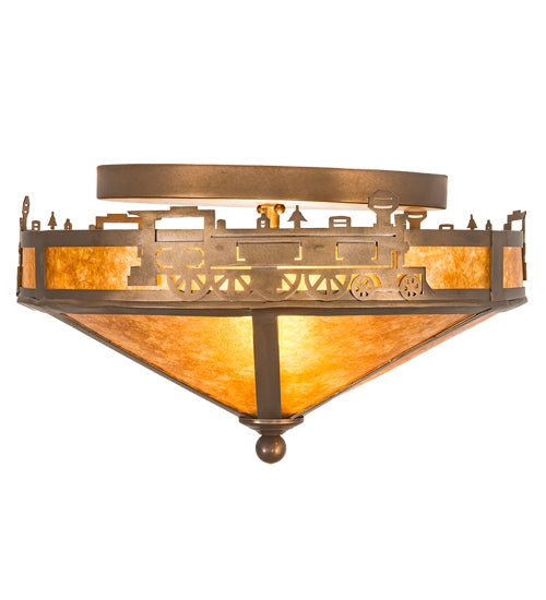 Meyda Lighting Train 16" 2-Light Antique Copper Flush Mount Light With Amber Mica Shade Glass