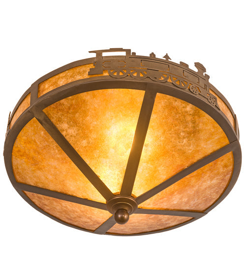 Meyda Lighting Train 16" 2-Light Antique Copper Flush Mount Light With Amber Mica Shade Glass