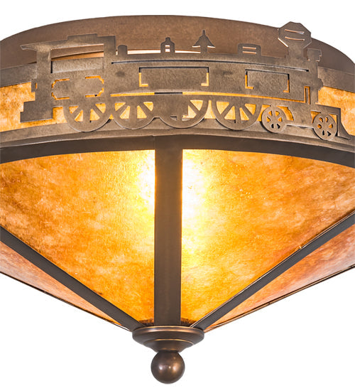 Meyda Lighting Train 16" 2-Light Antique Copper Flush Mount Light With Amber Mica Shade Glass