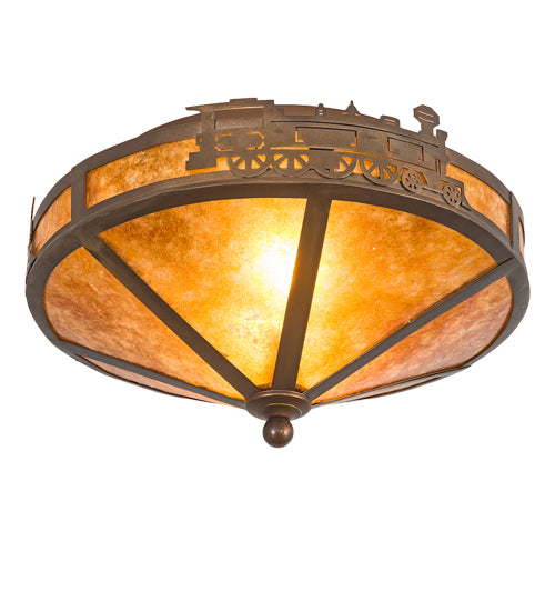 Meyda Lighting Train 16" 2-Light Antique Copper Flush Mount Light With Amber Mica Shade Glass