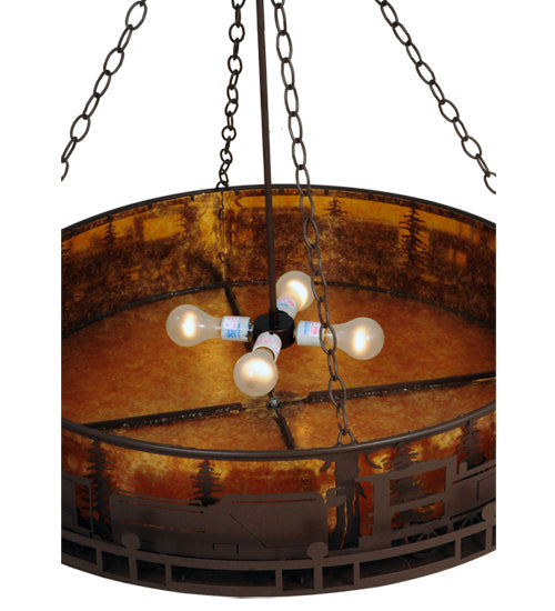 Meyda Lighting Train 36" 4-Light Cafe Noir Inverted Pendant Light With Amber Mica Shade Glass