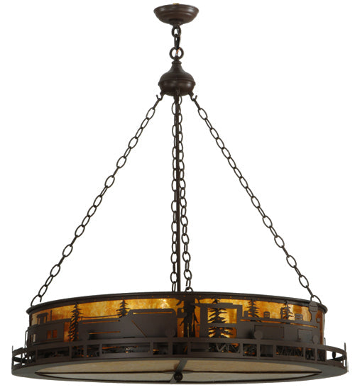 Meyda Lighting Train 36" 4-Light Cafe Noir Inverted Pendant Light With Amber Mica Shade Glass