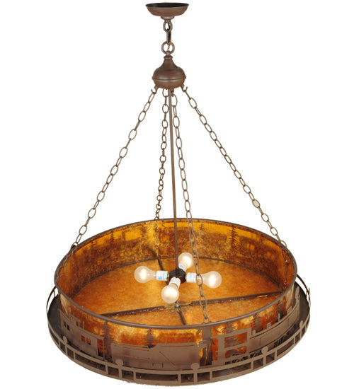 Meyda Lighting Train 36" 4-Light Cafe Noir Inverted Pendant Light With Amber Mica Shade Glass