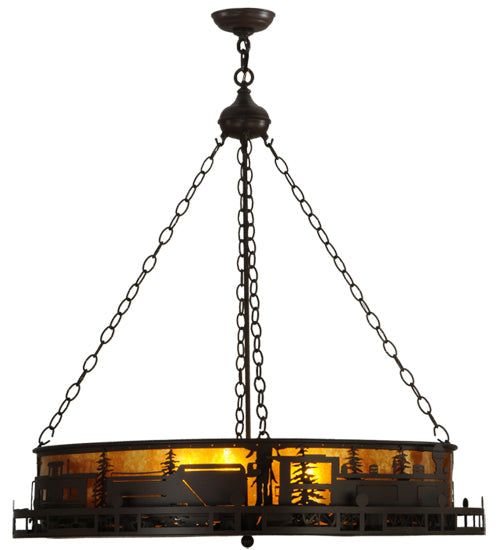 Meyda Lighting Train 36" 4-Light Cafe Noir Inverted Pendant Light With Amber Mica Shade Glass