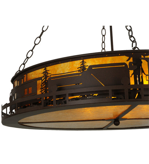Meyda Lighting Train 36" 4-Light Cafe Noir Inverted Pendant Light With Amber Mica Shade Glass