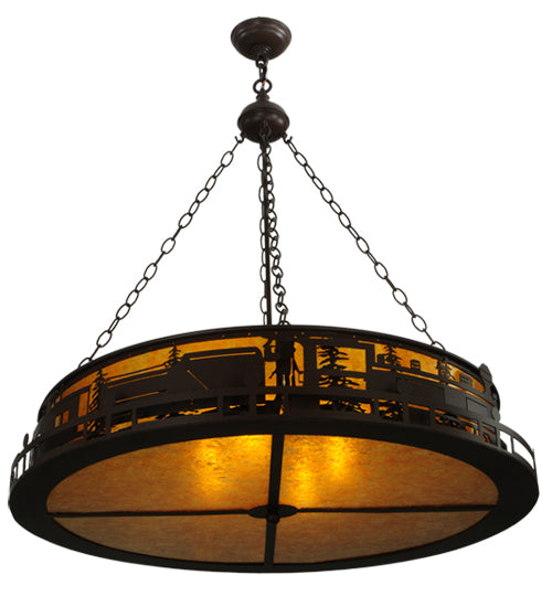 Meyda Lighting Train 36" 4-Light Cafe Noir Inverted Pendant Light With Amber Mica Shade Glass