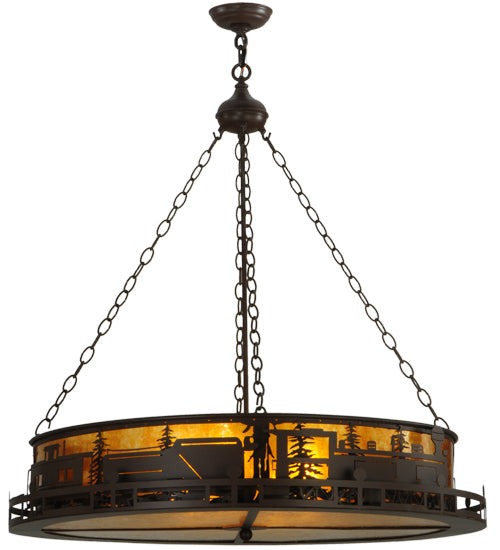 Meyda Lighting Train 36" 4-Light Cafe Noir Inverted Pendant Light With Amber Mica Shade Glass
