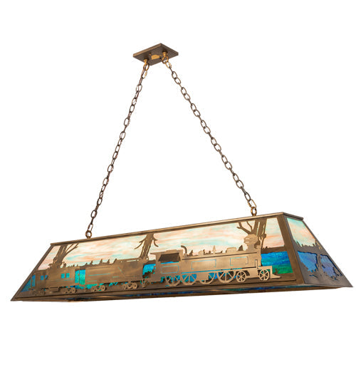 Meyda Lighting Train 60" 9-Light Antique Copper Island Pendant Light With Multi-Colored Shade Glass