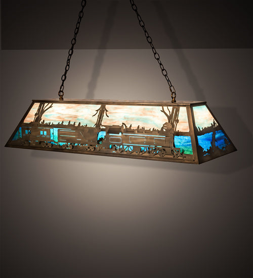Meyda Lighting Train 60" 9-Light Antique Copper Island Pendant Light With Multi-Colored Shade Glass