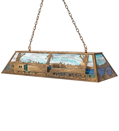 Meyda Lighting Train 60" 9-Light Antique Copper Island Pendant Light With Multi-Colored Shade Glass