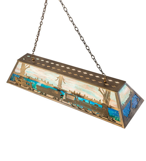 Meyda Lighting Train 60" 9-Light Antique Copper Island Pendant Light With Multi-Colored Shade Glass