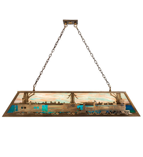 Meyda Lighting Train 60" 9-Light Antique Copper Island Pendant Light With Multi-Colored Shade Glass