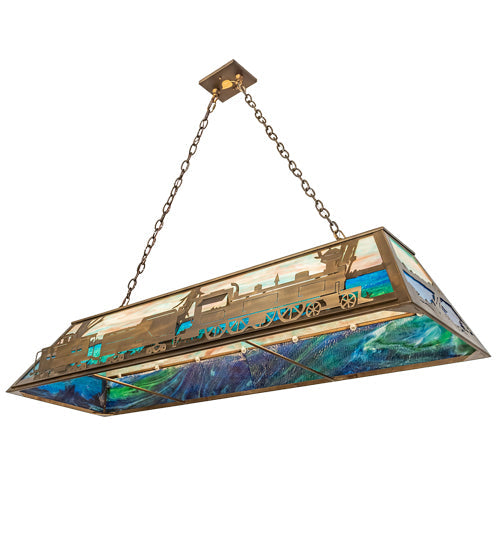 Meyda Lighting Train 60" 9-Light Antique Copper Island Pendant Light With Multi-Colored Shade Glass