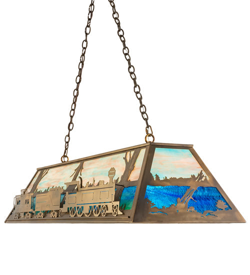 Meyda Lighting Train 60" 9-Light Antique Copper Island Pendant Light With Multi-Colored Shade Glass