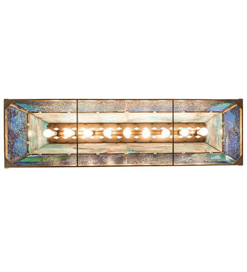 Meyda Lighting Train 60" 9-Light Antique Copper Island Pendant Light With Multi-Colored Shade Glass