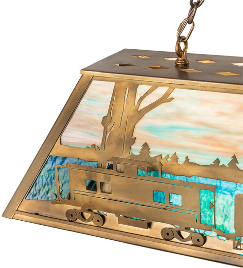 Meyda Lighting Train 60" 9-Light Antique Copper Island Pendant Light With Multi-Colored Shade Glass