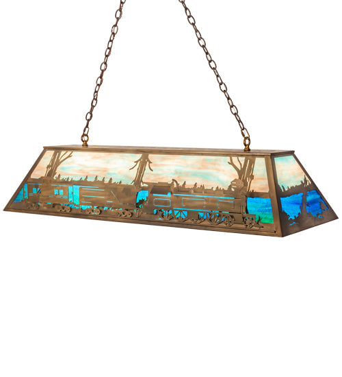 Meyda Lighting Train 60" 9-Light Antique Copper Island Pendant Light With Multi-Colored Shade Glass