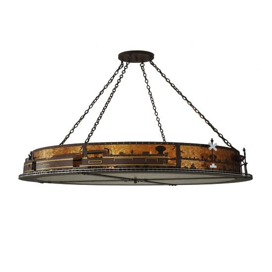 Meyda Lighting Train 72" 12-Light Cafe Noir Inverted Pendant Light With Amber Mica Shade Glass