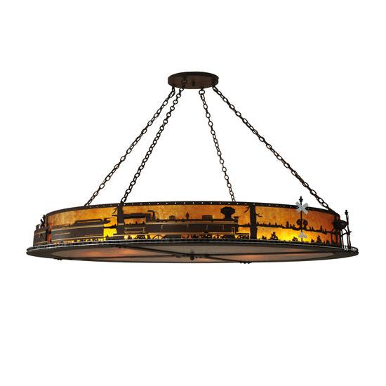Meyda Lighting Train 72" 12-Light Cafe Noir Inverted Pendant Light With Amber Mica Shade Glass