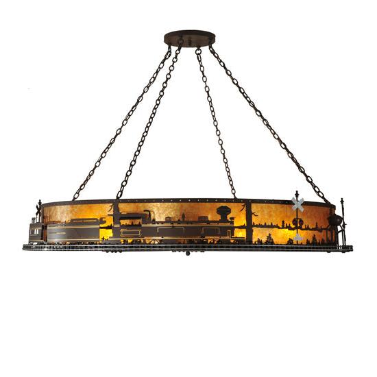 Meyda Lighting Train 72" 12-Light Cafe Noir Inverted Pendant Light With Amber Mica Shade Glass