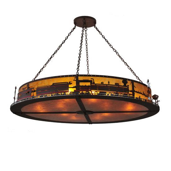 Meyda Lighting Train 72" 12-Light Cafe Noir Inverted Pendant Light With Amber Mica Shade Glass