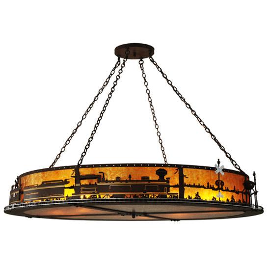 Meyda Lighting Train 72" 12-Light Cafe Noir Inverted Pendant Light With Amber Mica Shade Glass