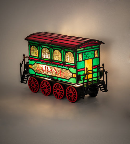 Meyda Lighting Train 8"H x 11"W 2-Light Black Carriage Lighted Sculpture Table Lamp With Multi-Colored Shade Glass