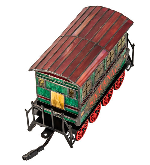 Meyda Lighting Train 8"H x 11"W 2-Light Black Carriage Lighted Sculpture Table Lamp With Multi-Colored Shade Glass