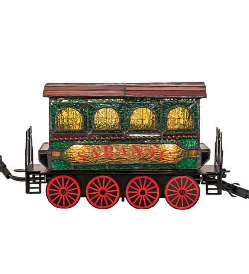 Meyda Lighting Train 8"H x 11"W 2-Light Black Carriage Lighted Sculpture Table Lamp With Multi-Colored Shade Glass