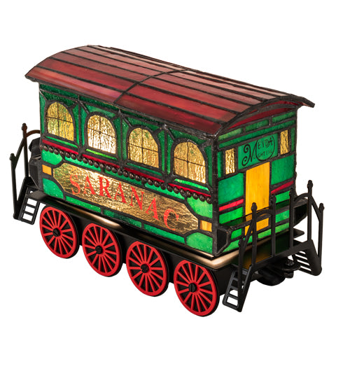 Meyda Lighting Train 8"H x 11"W 2-Light Black Carriage Lighted Sculpture Table Lamp With Multi-Colored Shade Glass