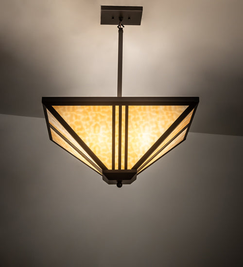 Meyda Lighting Tres Lineas 34" 4-Light Wrought Iron Mission Inverted Pendant Light With Beige Art Shade Glass