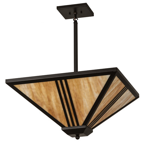 Meyda Lighting Tres Lineas 34" 4-Light Wrought Iron Mission Inverted Pendant Light With Beige Art Shade Glass