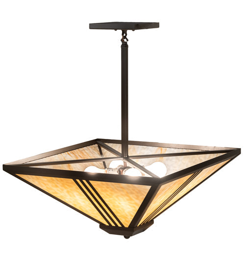Meyda Lighting Tres Lineas 34" 4-Light Wrought Iron Mission Inverted Pendant Light With Beige Art Shade Glass