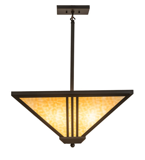 Meyda Lighting Tres Lineas 34" 4-Light Wrought Iron Mission Inverted Pendant Light With Beige Art Shade Glass