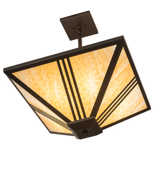 Meyda Lighting Tres Lineas 34" 4-Light Wrought Iron Mission Inverted Pendant Light With Beige Art Shade Glass