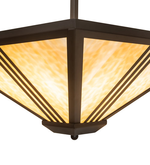 Meyda Lighting Tres Lineas 34" 4-Light Wrought Iron Mission Inverted Pendant Light With Beige Art Shade Glass
