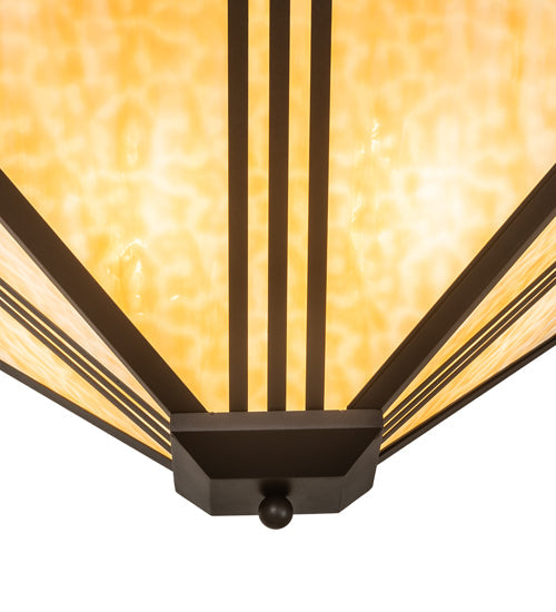 Meyda Lighting Tres Lineas 34" 4-Light Wrought Iron Mission Inverted Pendant Light With Beige Art Shade Glass