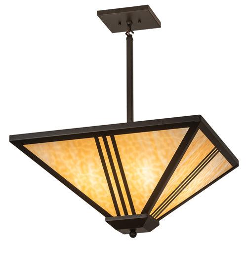 Meyda Lighting Tres Lineas 34" 4-Light Wrought Iron Mission Inverted Pendant Light With Beige Art Shade Glass