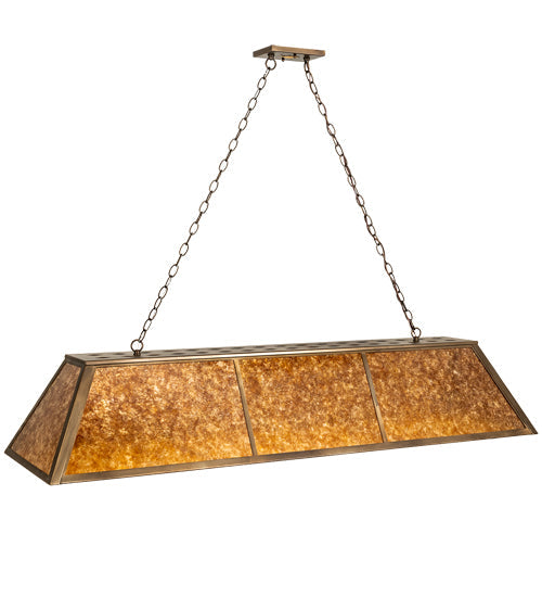 Meyda Lighting Tri-Panel 60" 9-Light Antique Copper Island Pendant Light With Amber Mica Shade Glass