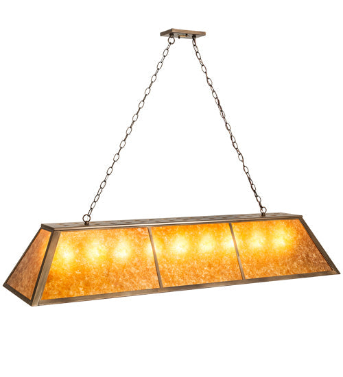 Meyda Lighting Tri-Panel 60" 9-Light Antique Copper Island Pendant Light With Amber Mica Shade Glass