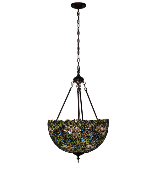 Meyda Lighting Trillium & Violet 20" 3-Light Mahogany Bronze Inverted Pendant Light With Multi-Colored Shade Glass