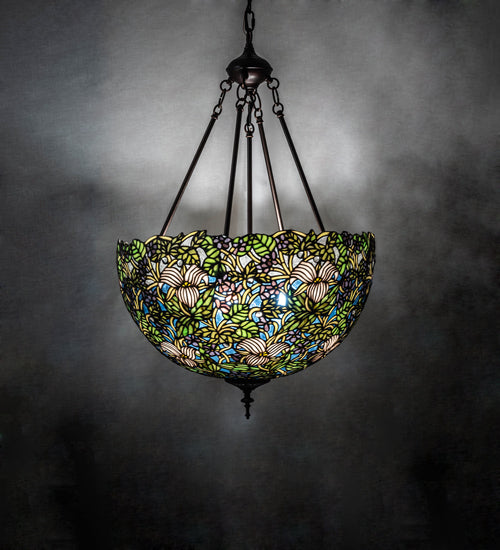 Meyda Lighting Trillium & Violet 20" 3-Light Mahogany Bronze Inverted Pendant Light With Multi-Colored Shade Glass