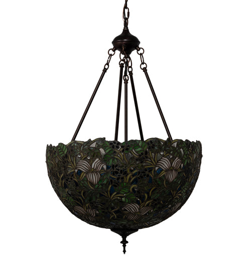 Meyda Lighting Trillium & Violet 20" 3-Light Mahogany Bronze Inverted Pendant Light With Multi-Colored Shade Glass